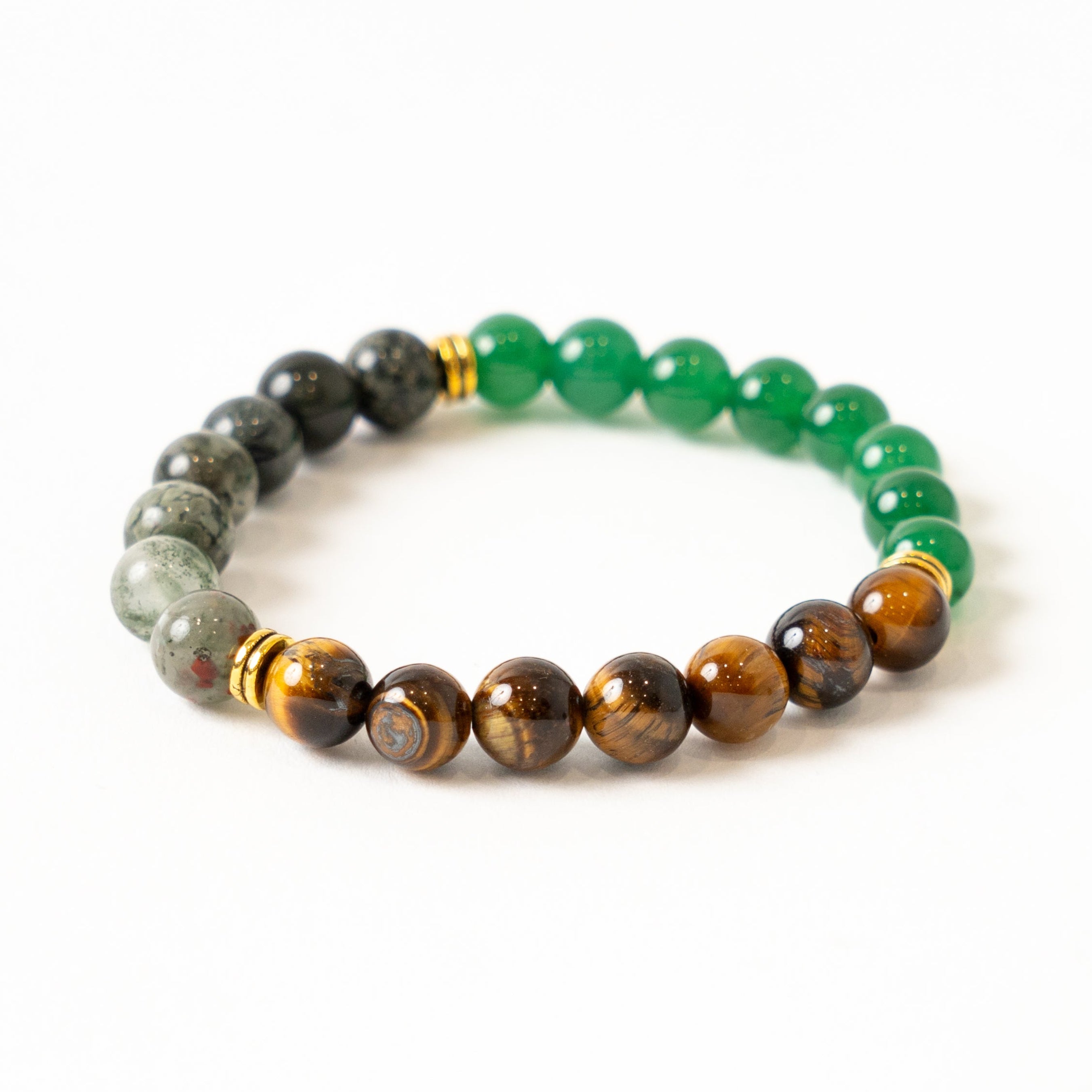 Abundance Trio Jade, Tiger Eye and Bloodstone 8mm Smooth Bead Stretch Bracelet