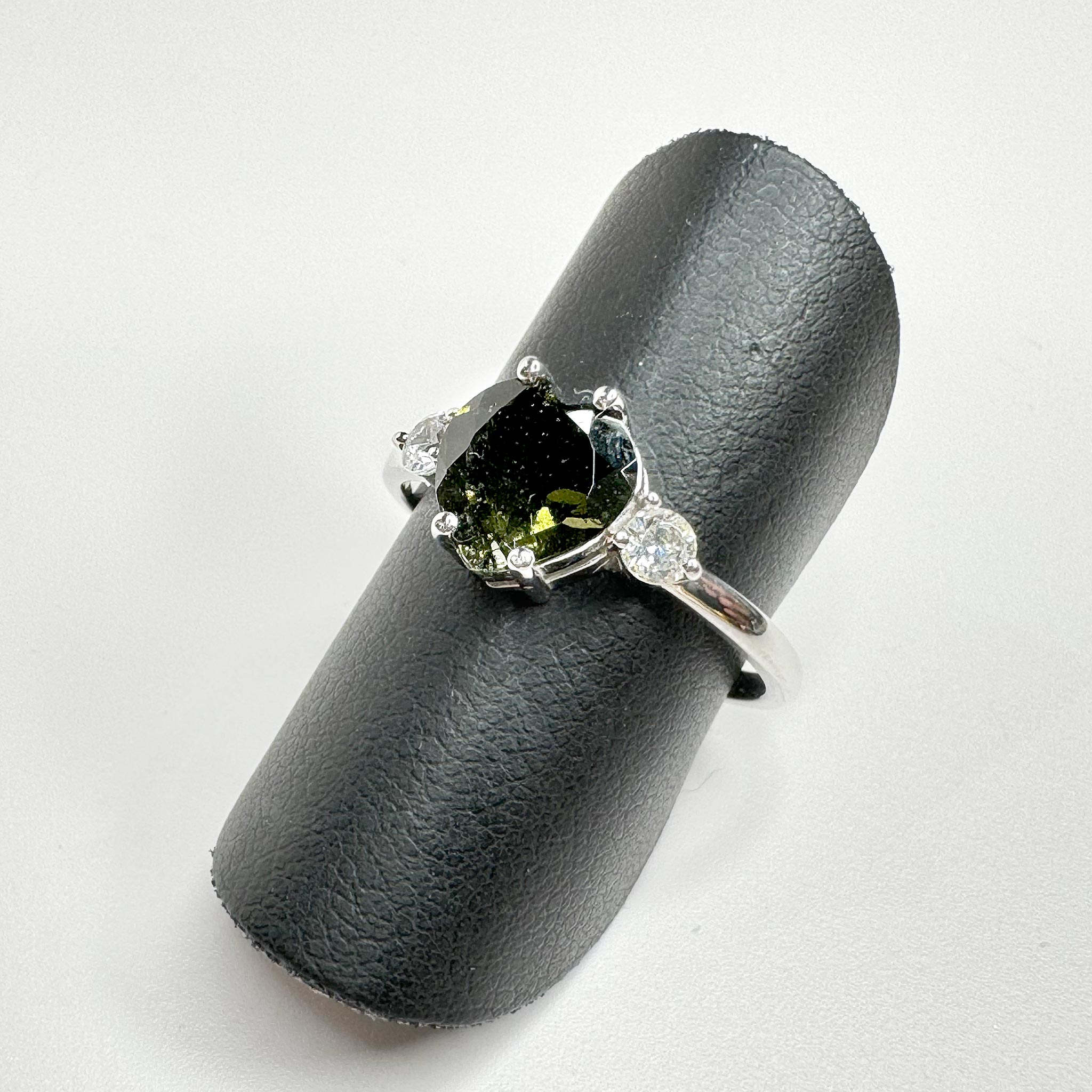 Moldavite Faceted Heart Ring with HD and Sterling Silver right angle