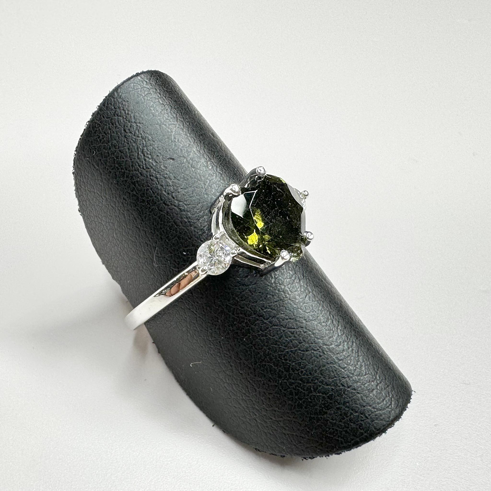 Moldavite Faceted Heart Ring with HD and Sterling Silver left angle