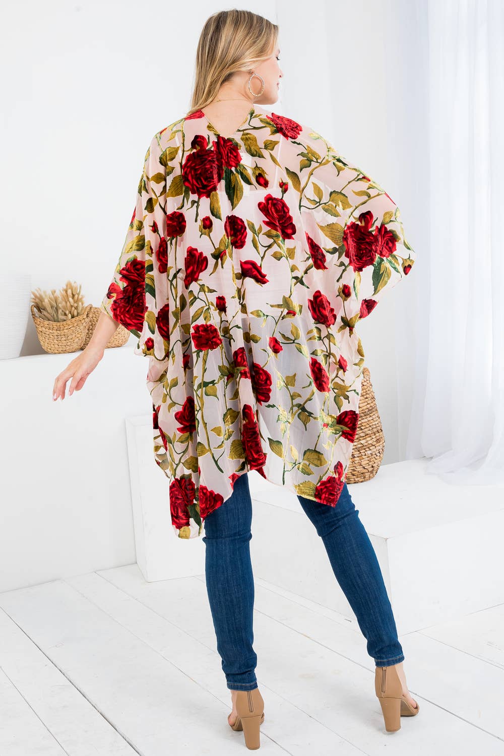 Pink and Red Rose Print Velvet Burnout Kimono Back