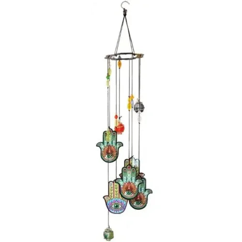 Decorative wind chime with colorful designs on a white background