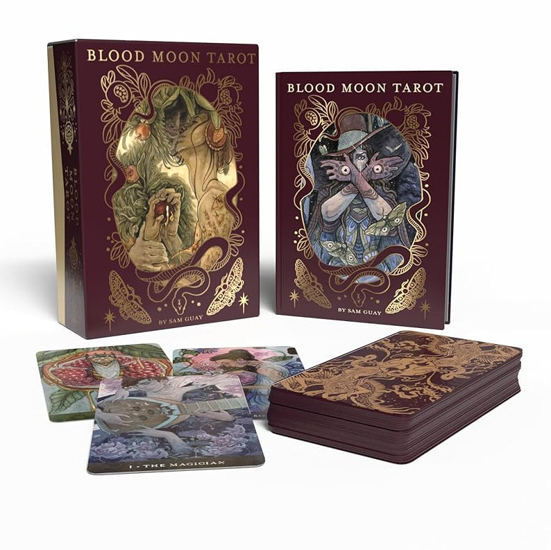 Blood Moon Tarot: Deluxe 78-Card Tarot Deck with Ethereal Watercolor Art, Linen Finish, Burgundy Edges, and Hardcover Book – Gold Foil-Accented Set cover image