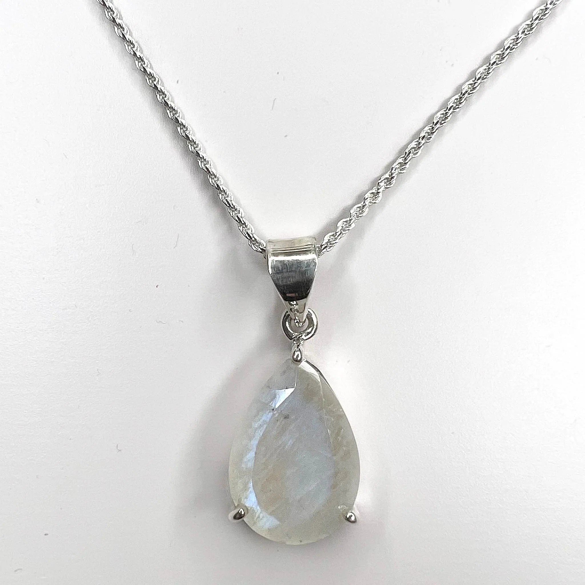 Rainbow Moonstone Faceted Teardrop Pendant Sterling Silver