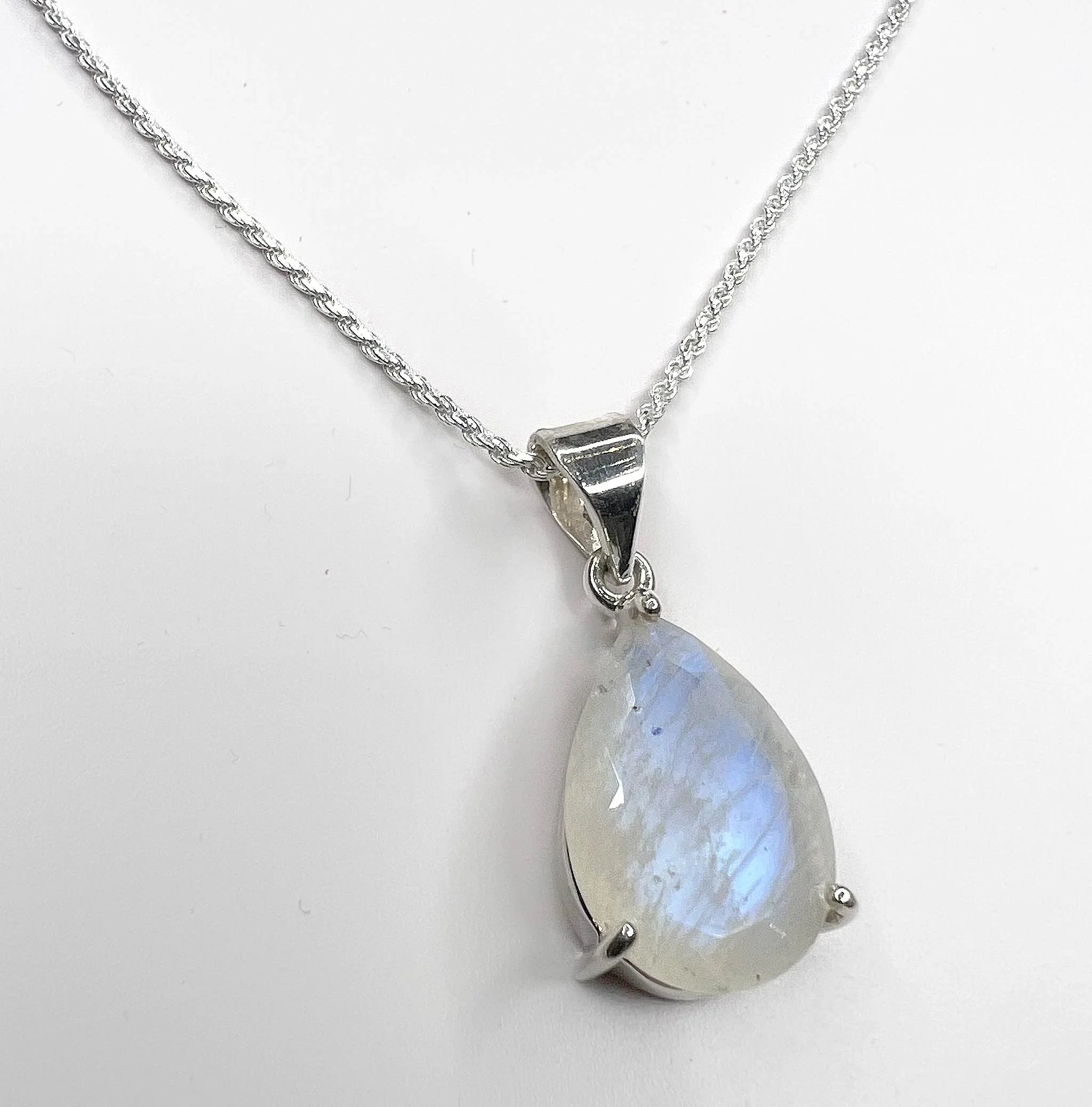 Rainbow Moonstone Faceted Teardrop Pendant Sterling Silver angle