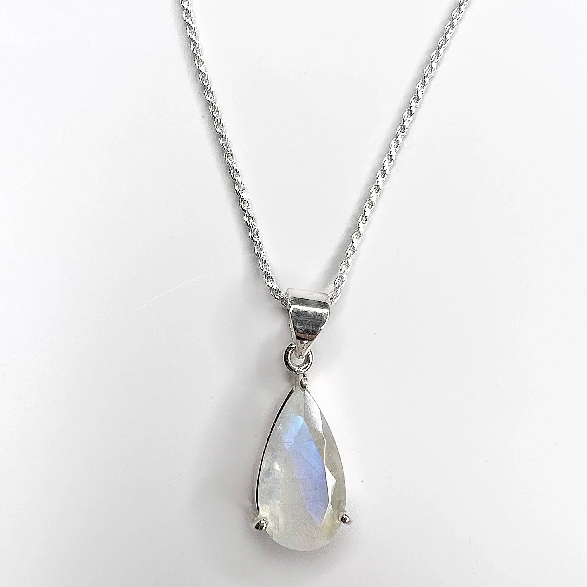 Rainbow Moonstone Faceted Teardrop Pendant Sterling Silver