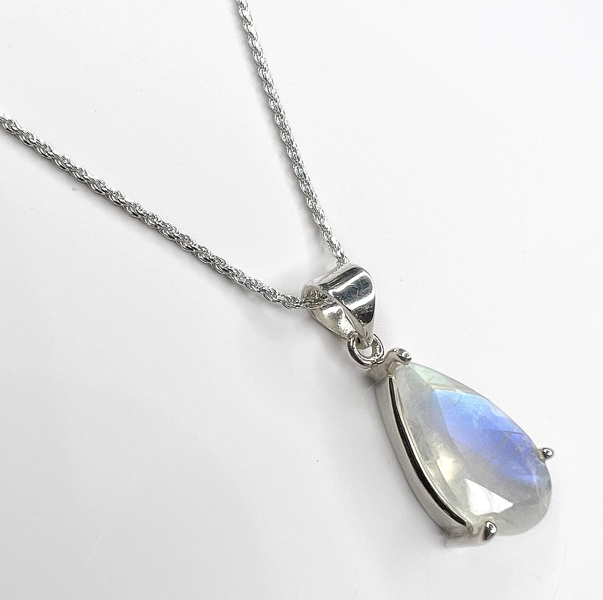 Rainbow Moonstone Faceted Teardrop Pendant Sterling Silver angle