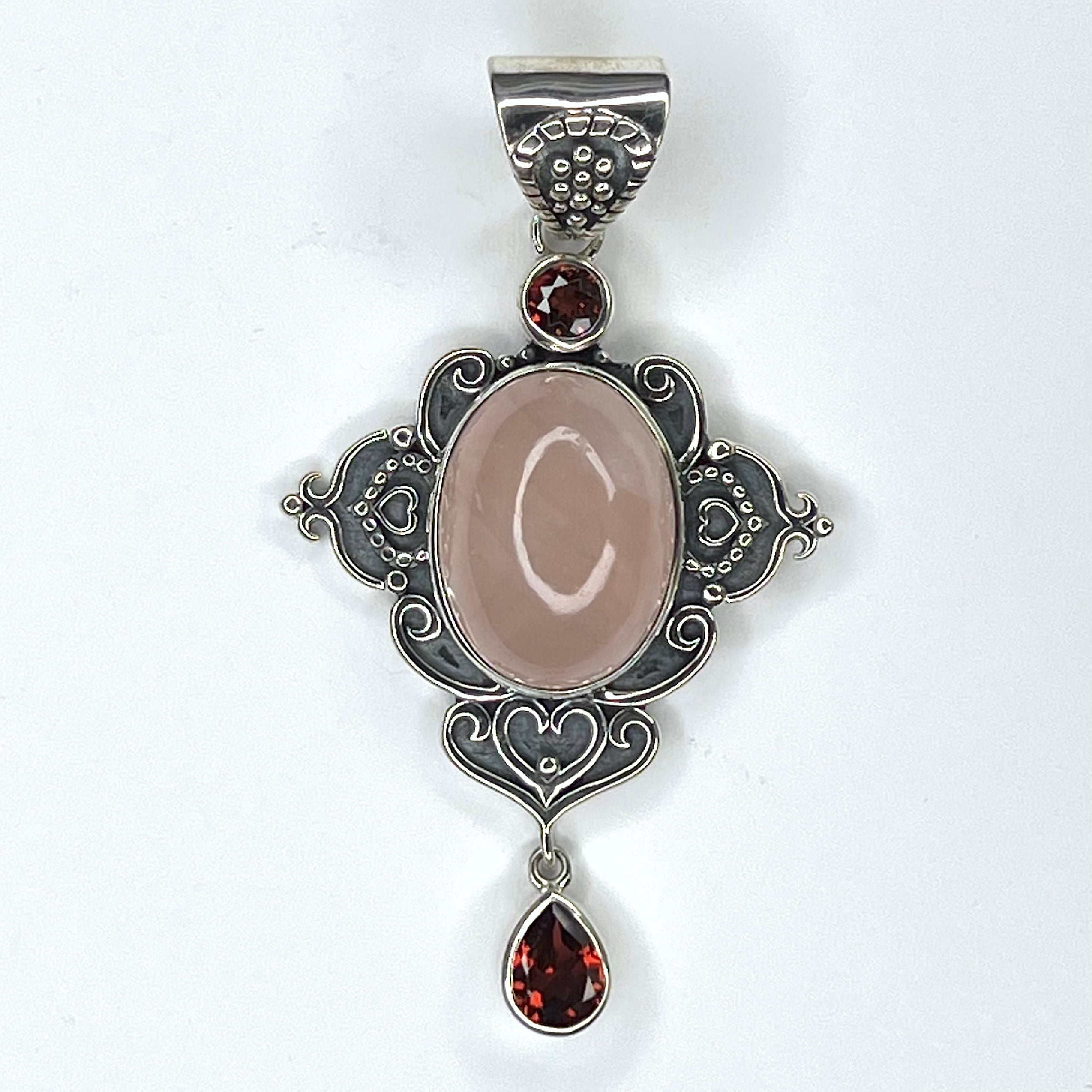 Rose Quartz and Garnet Pendant Ornamental Sterling Silver