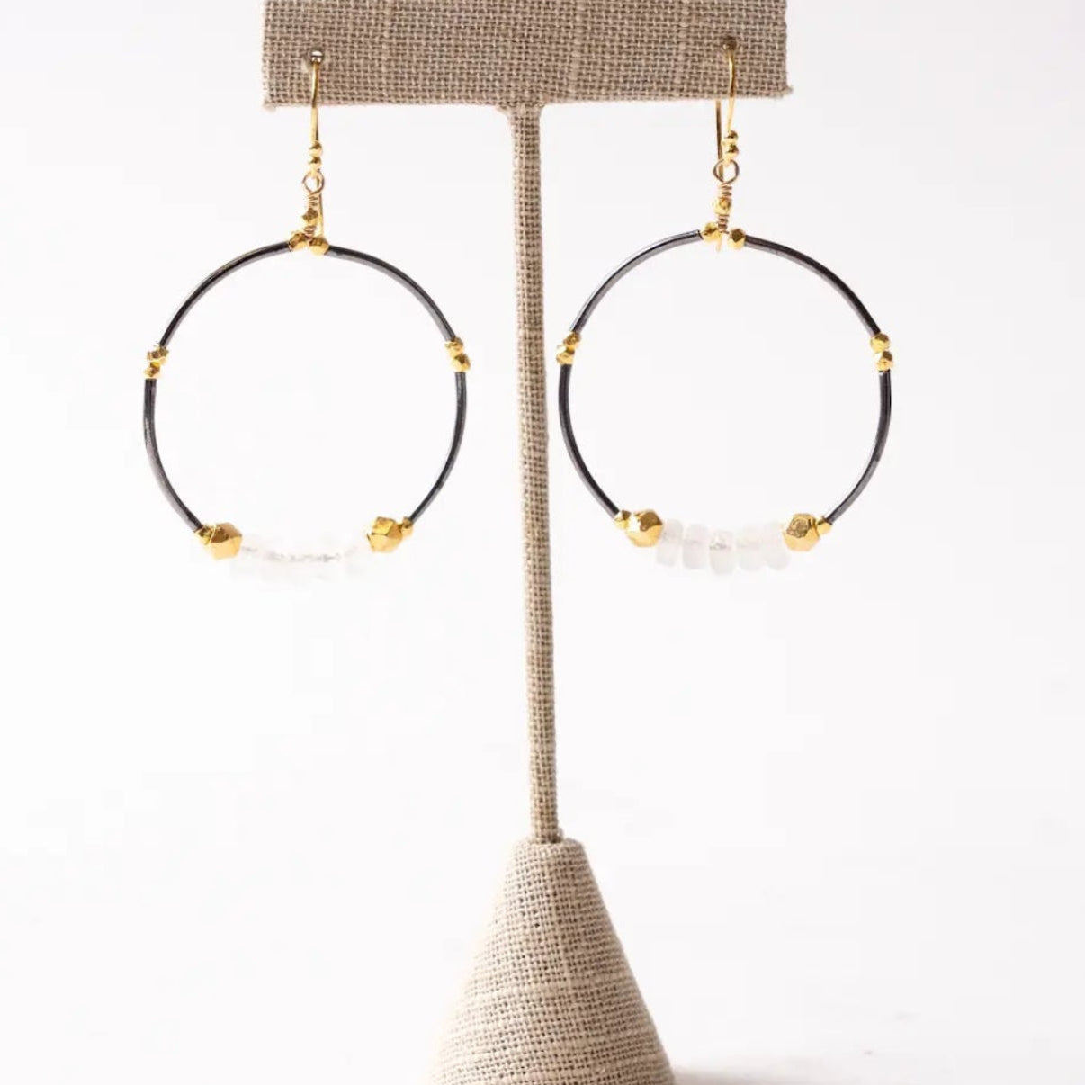 Moonstone Beaded Hoop Earrings with 14K Gold Vermeil Accents on Stand