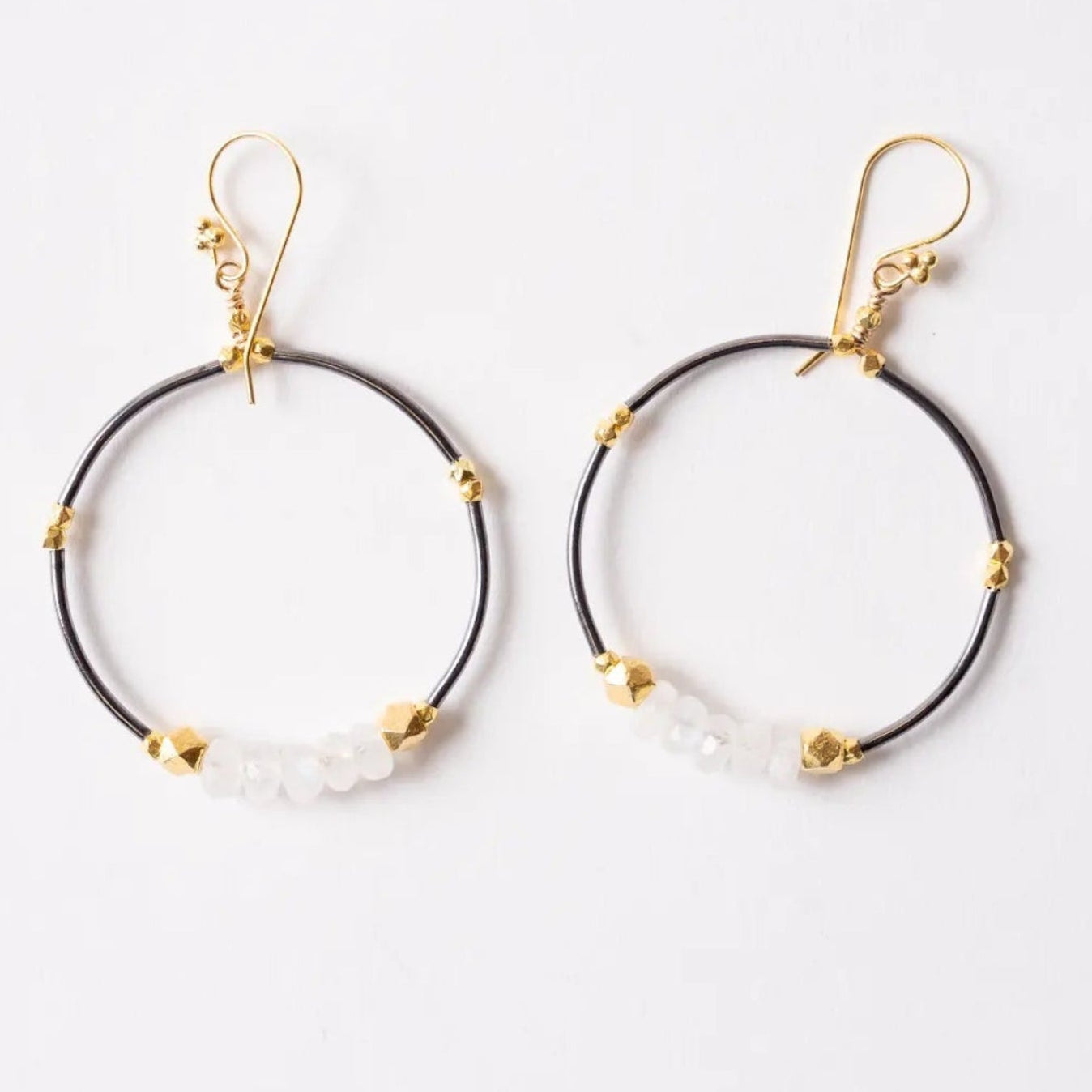 Moonstone Beaded Hoop Earrings with 14K Gold Vermeil Accents