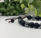 Obsidian Black Matte and Hematite 8mm Smooth Bead Adjustable Bracelet Closer View