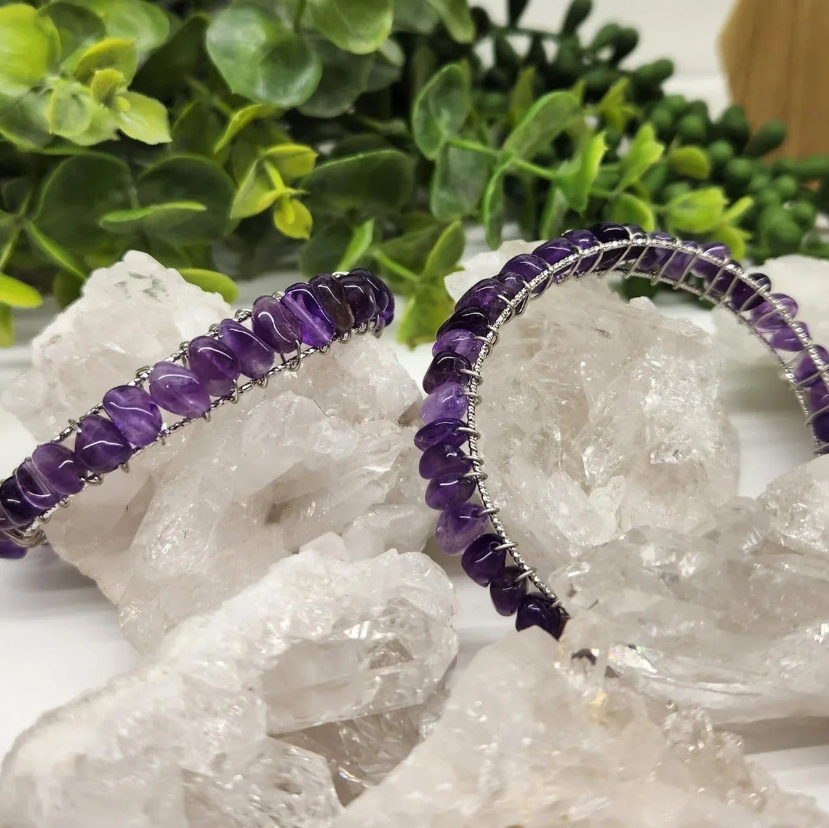 Amethyst Bangle Bracelet 18KT White Gold Overlay on display