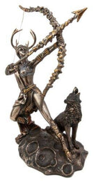 Statue of a archer with a bow and a wolf at his feet on a white background