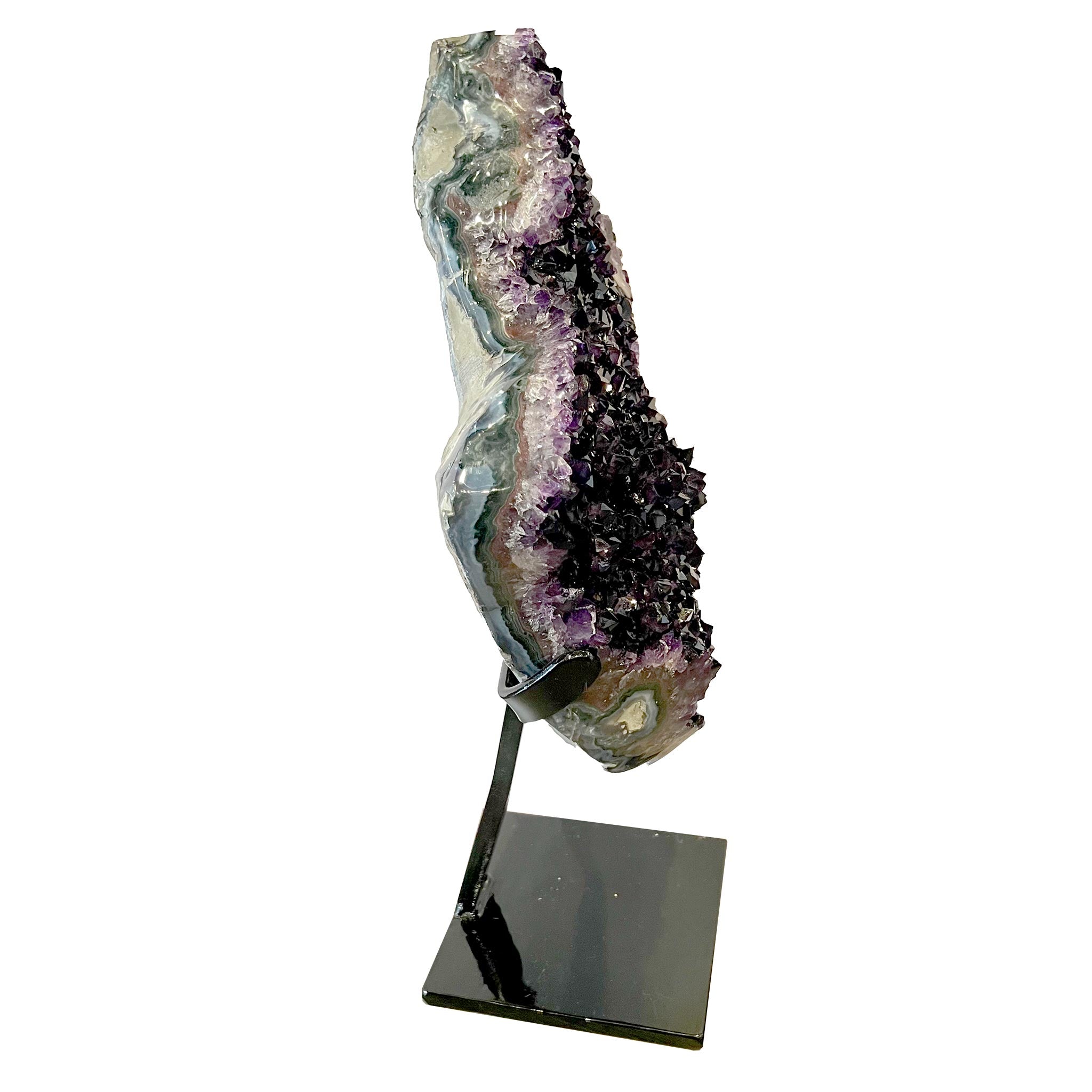 High Grade Amethyst Cluster  on Custom Black metal Stand Side View