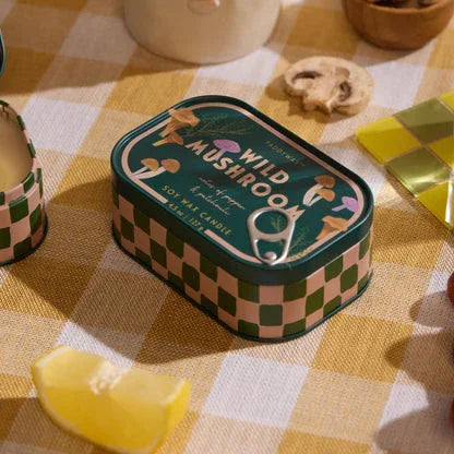 Wild Mushroom Bistro Tin Candle on Table