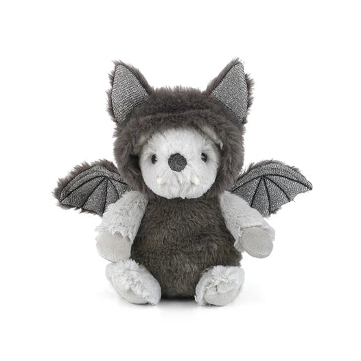 Plush toy bat mouse with gray fur and white accents on a white background