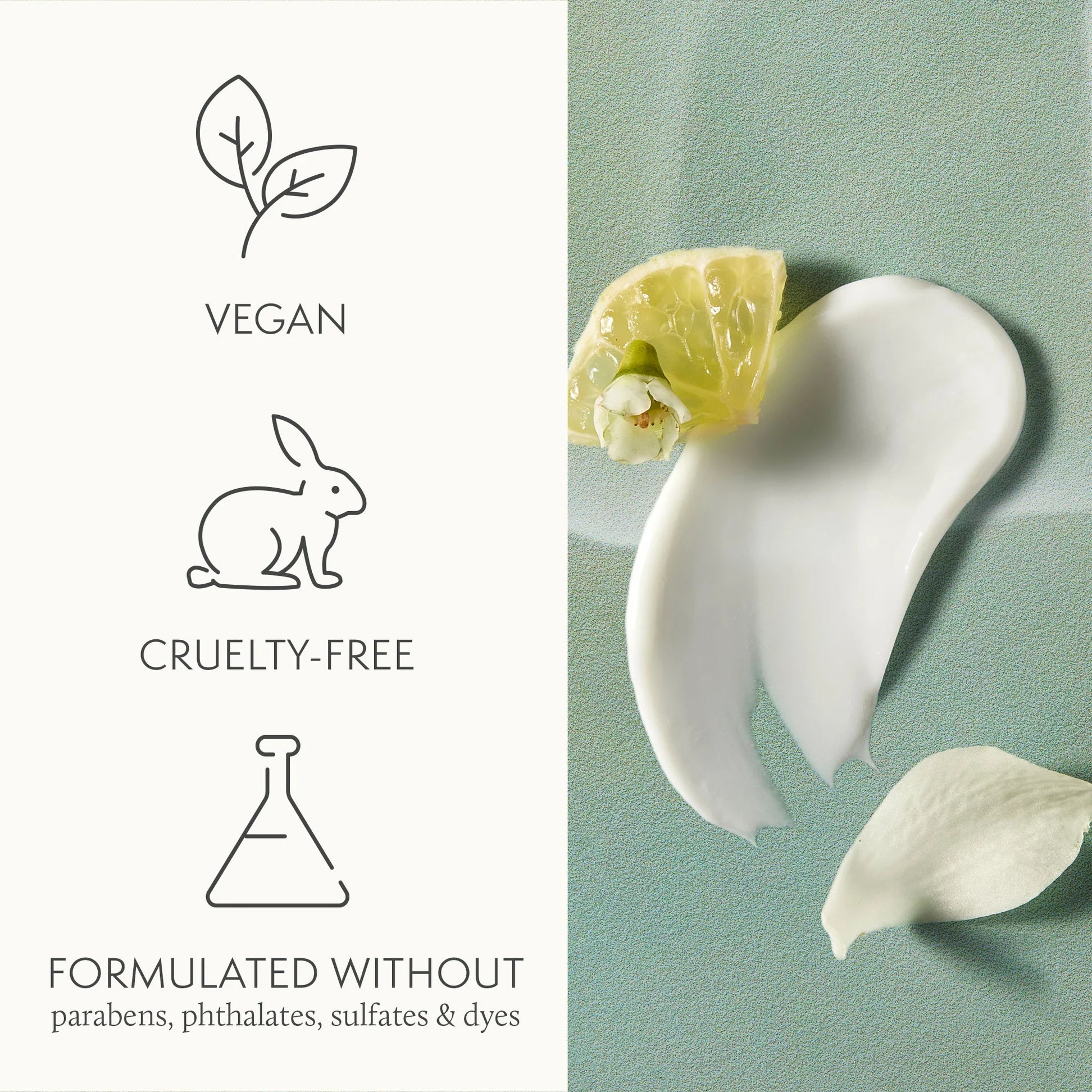 Product with vegan, cruelty-free, and sulfate-free labels on a light green background.