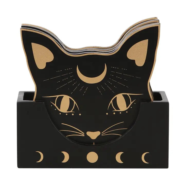 Black cat-shaped notepad holder with gold celestial details, including a crescent moon, sun rays, eyes, whiskers, and moon phases, shown on a white background.