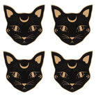 Four identical black cat head illustrations arranged in a 2x2 grid on a white background, each with tan inner ears, eyes, nose, and mouth details, plus a crescent moon above the nose and small decorative accents around the eyes.