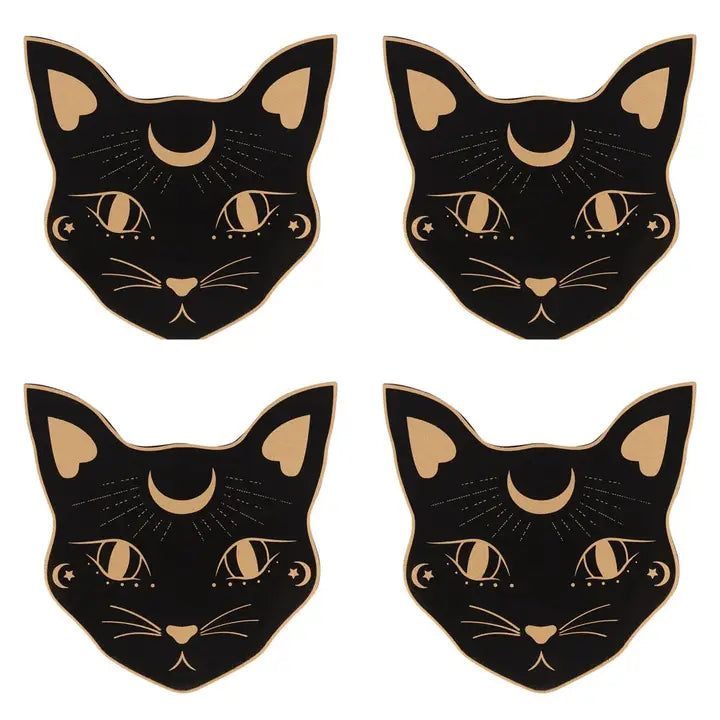Four identical black cat head illustrations arranged in a 2x2 grid on a white background, each with tan inner ears, eyes, nose, and mouth details, plus a crescent moon above the nose and small decorative accents around the eyes.