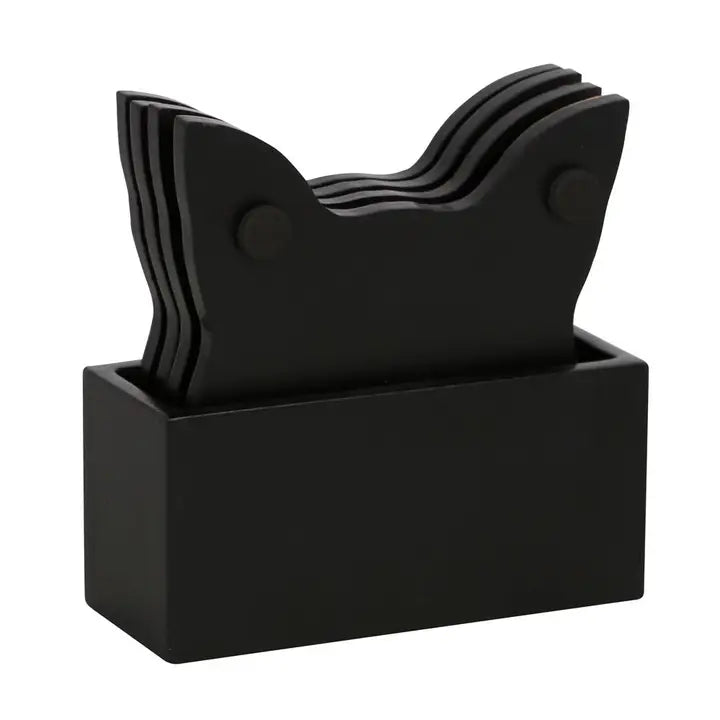 Black coaster set with holder on a white background