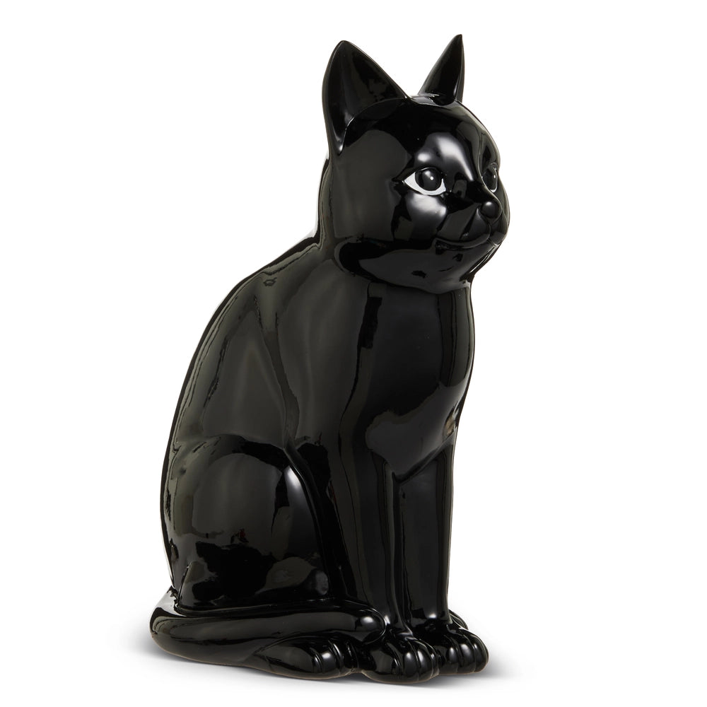Glossy black cat figurine planter on a white background
