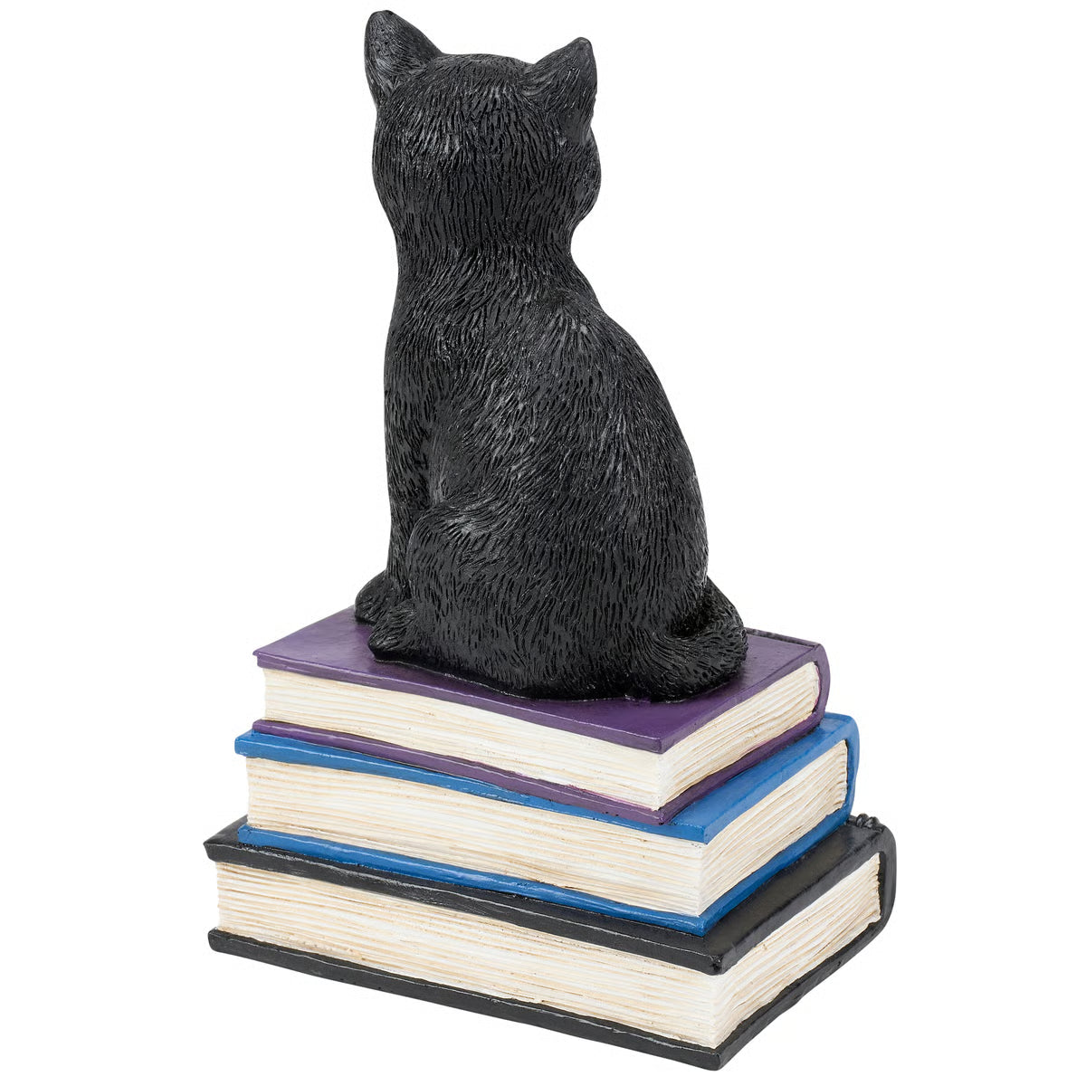 A black cat figurine sitting on top of a stack of three books with purple, blue, and black covers, shown against a plain white background.