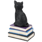A black cat figurine sitting on top of a stack of three books with purple, blue, and black covers, shown against a plain white background.