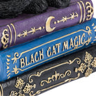Close-up of stacked decorative books with black, blue, and purple spines featuring gold ornamental details and the words 'BLACK CAT MAGIC' on the blue book.