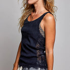 black lace knit tank top on model