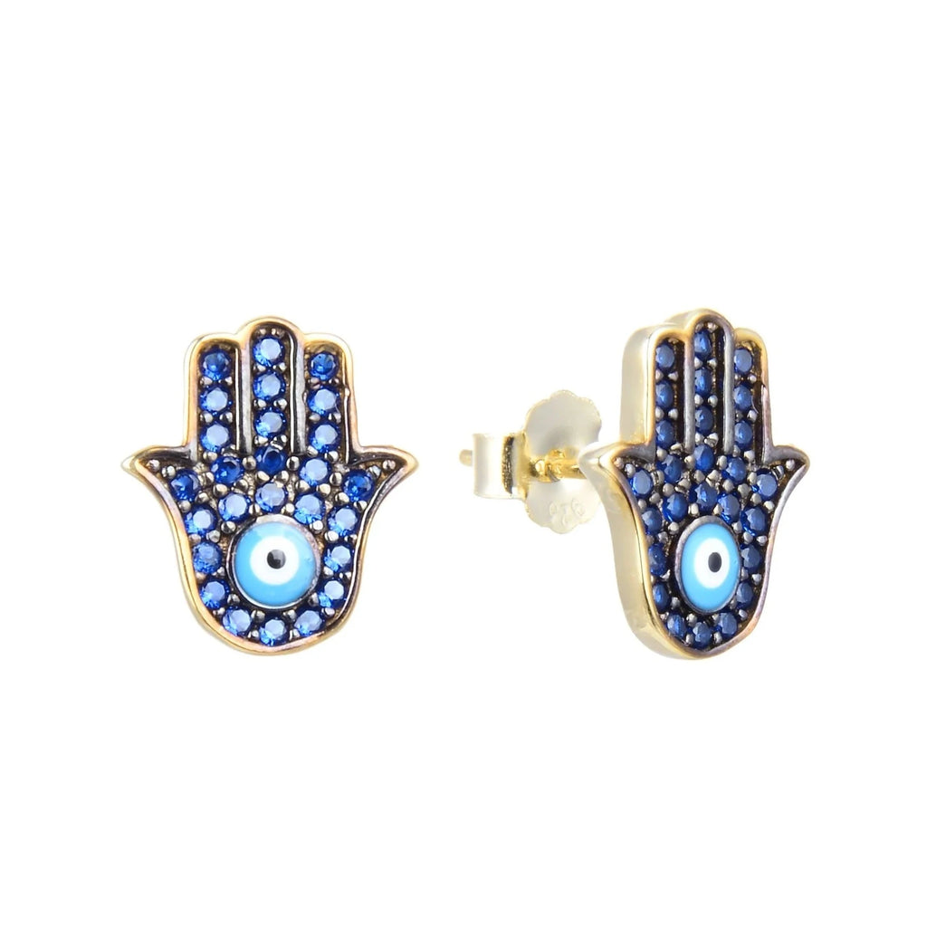 Blue Cubic Zirconia Post Earrings 14K Gold Plate with Blue Evil Eye Accent