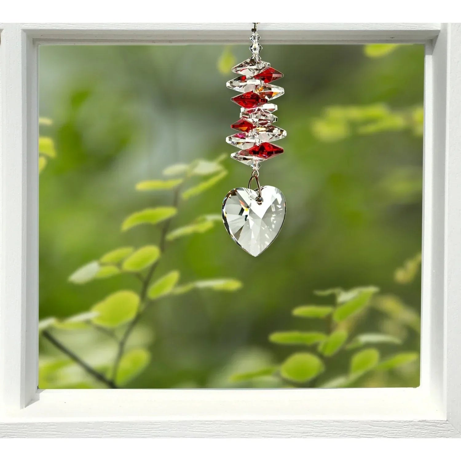 Ruby Crystal Hearts Cascade Sun Catcher in Window