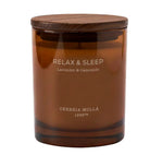 An amber glass jar candle with a dark brown wooden lid, featuring white text that reads 'RELAX & SLEEP Lavender & Camomile' and 'CERERIA MOLLÁ 1899®' on a clean white background.