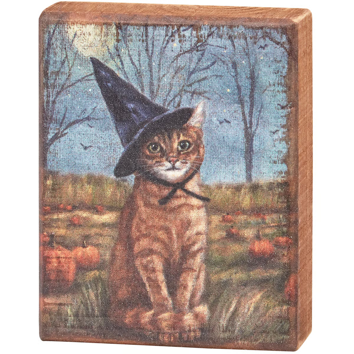 A rectangular wooden block sign featuring a painted illustration of a tabby cat wearing a black witch hat in a pumpkin patch at night, shown against a plain white background.