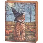 A rectangular wooden block sign featuring a painted illustration of a tabby cat wearing a black witch hat in a pumpkin patch at night, shown against a plain white background.