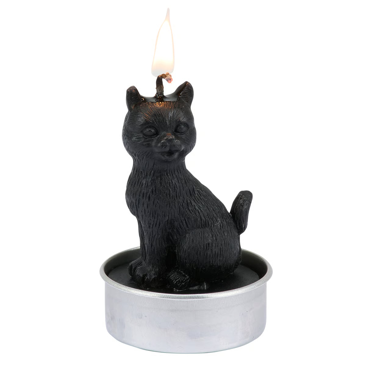 Black cat-shaped tea light candle with a lit candle on a white background