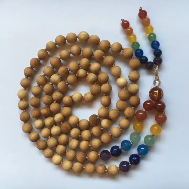 Meditation beads with wooden and colored stones on a white background