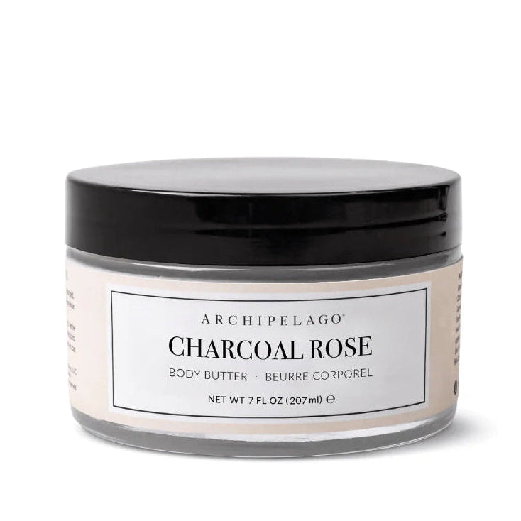 Jar of Archipelago Charcoal Rose body butter on a white background