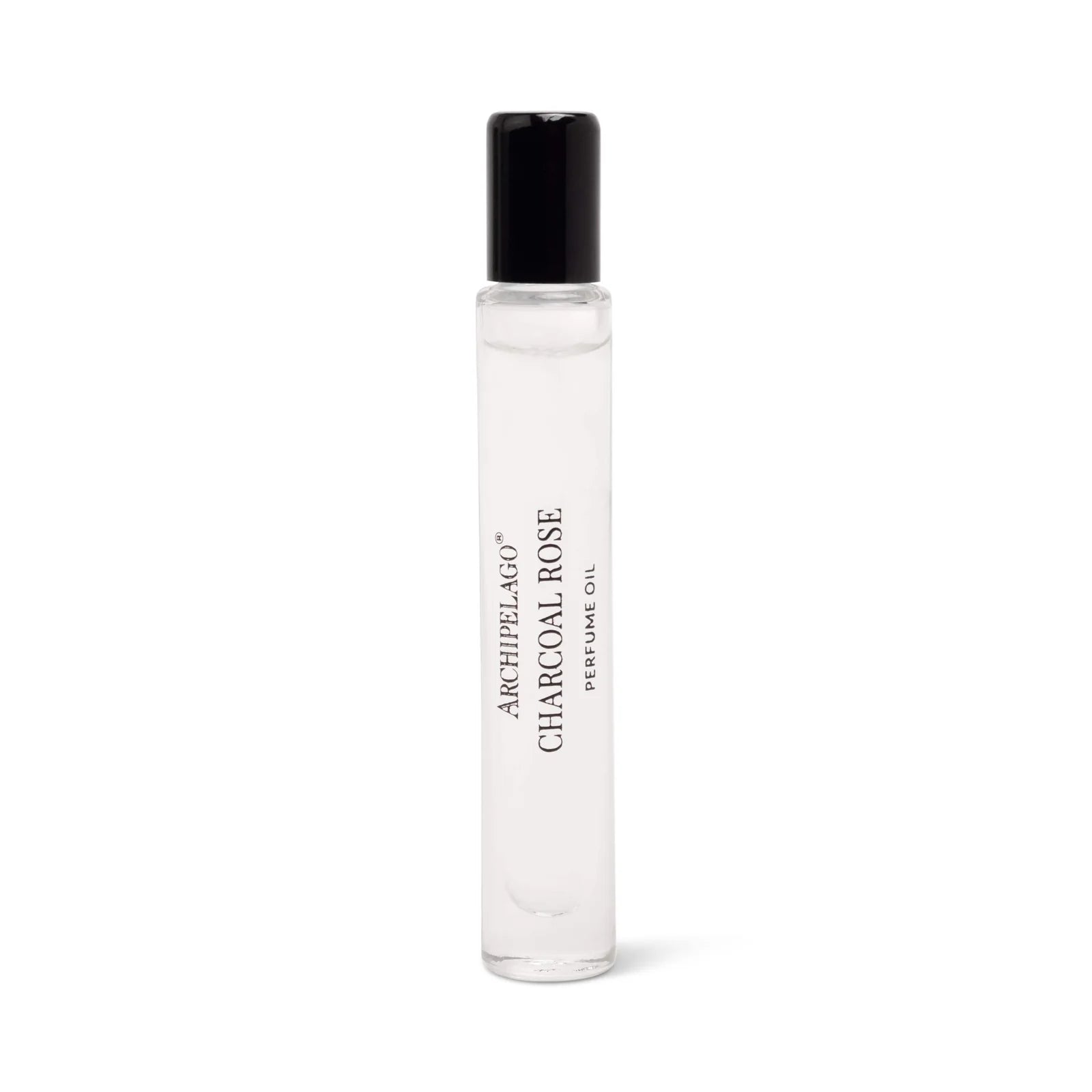 Clear rollerball bottle with black cap on a white background