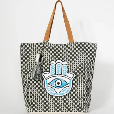 Black & Blue Sequin Hamsa Shopper Tote