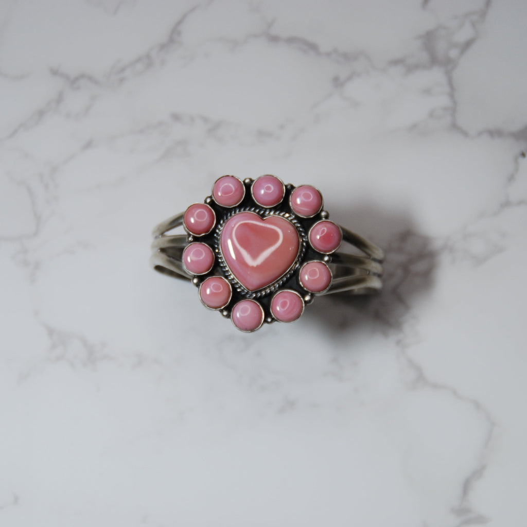 Pink Conch Shell Heart Cuff Bracelet in Sterling Silver