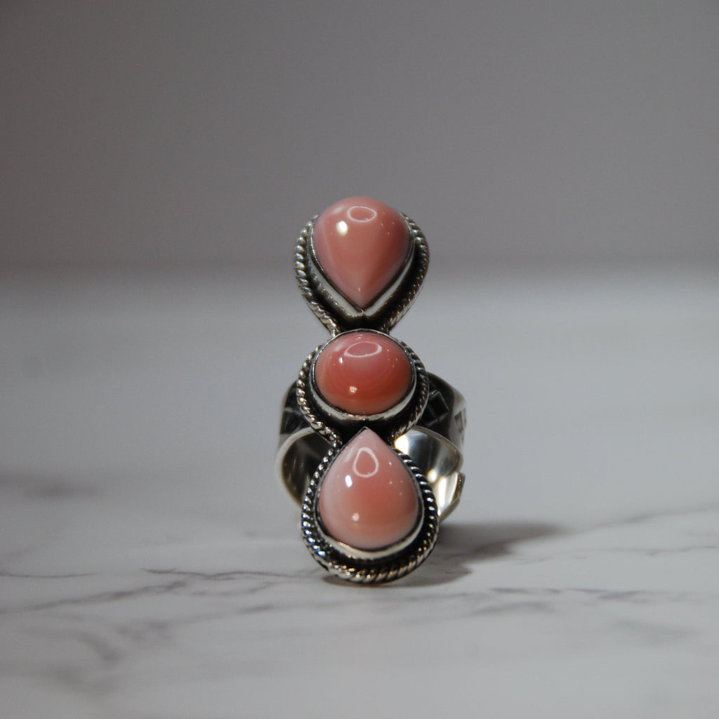 Pink Conch Shell Triple Stone Ring Set in Sterling Silver Native Made and Signed