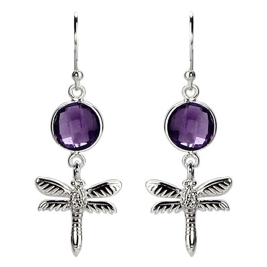 Amethyst Dragonfly Sterling Silver Dangle Earrings