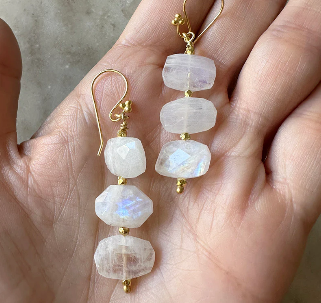 Moonstone Earrings 14K Gold Vermeil in hand