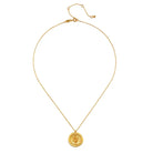 Gold necklace with a round pendant on a white background