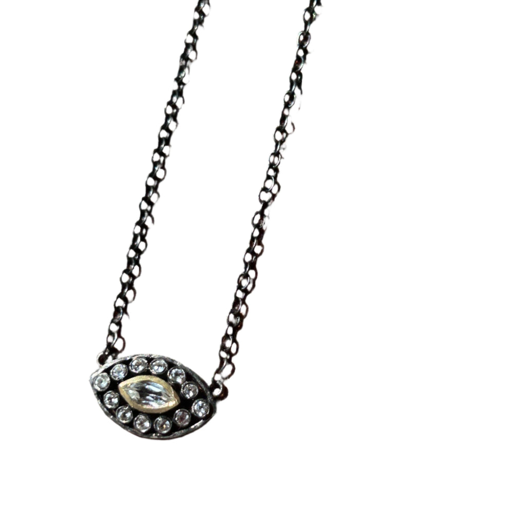 Pave Diamond and White Topaz Evil Eye Oxidized Silver Necklace