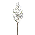 A single artificial white floral pussy willow branch with green leaves and brown stems against a white background.