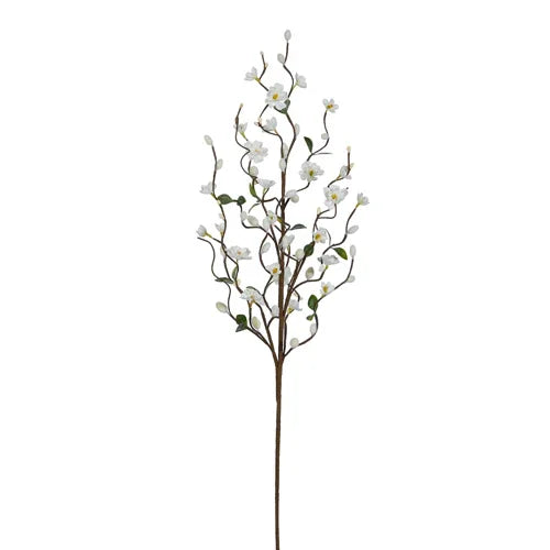 A single artificial white floral pussy willow branch with green leaves and brown stems against a white background.