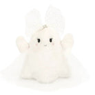 A small white plush ghost toy with soft fluffy fabric, tiny wings, a smiling face, and a sparkly white bow on a plain white background.