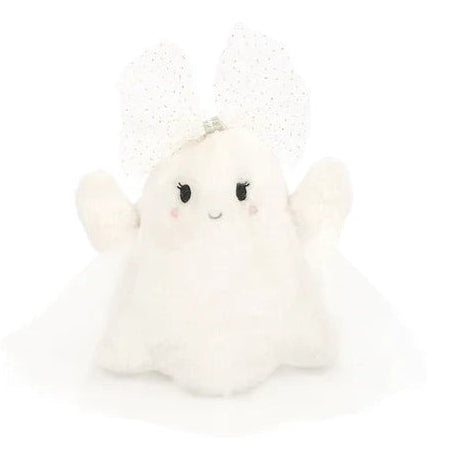 A small white plush ghost toy with soft fluffy fabric, tiny wings, a smiling face, and a sparkly white bow on a plain white background.