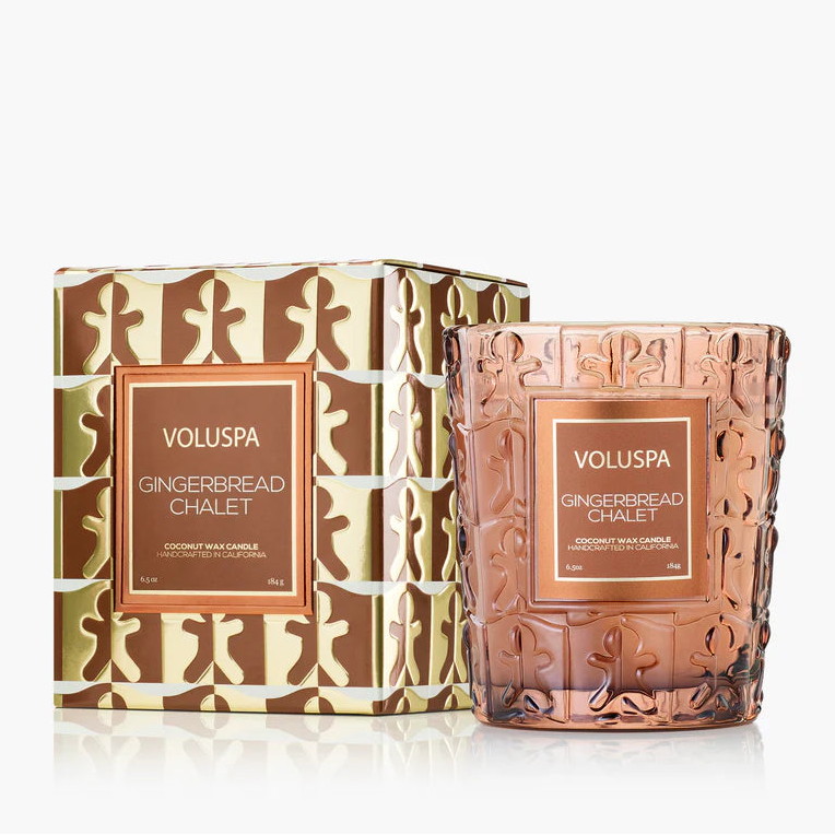 Voluspa Gingerbread Chalet candle with packaging on a white background